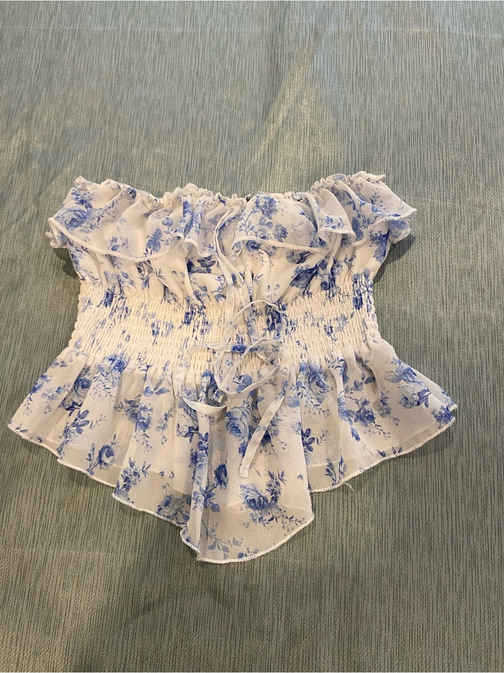 Steve Madden White and Blue Floral Off-Shoulder Smocked Camisole